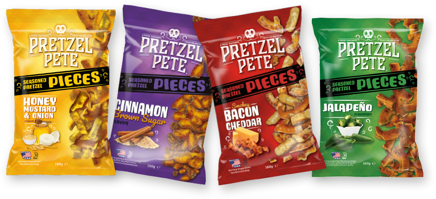 Honey Mustard & Onion Verpackung, Cinnamon Brown Sugar Verpackung, Smokey Bacon Cheddar Verpackung, Jalapeño Verpackung.
